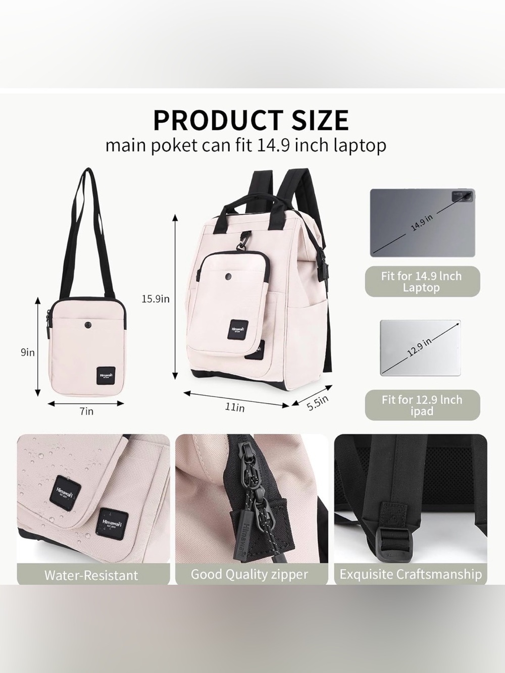 NWT Himawari 14.9” Laptop Backpack Pink Beige Water Resistant - Picture 5 of 8